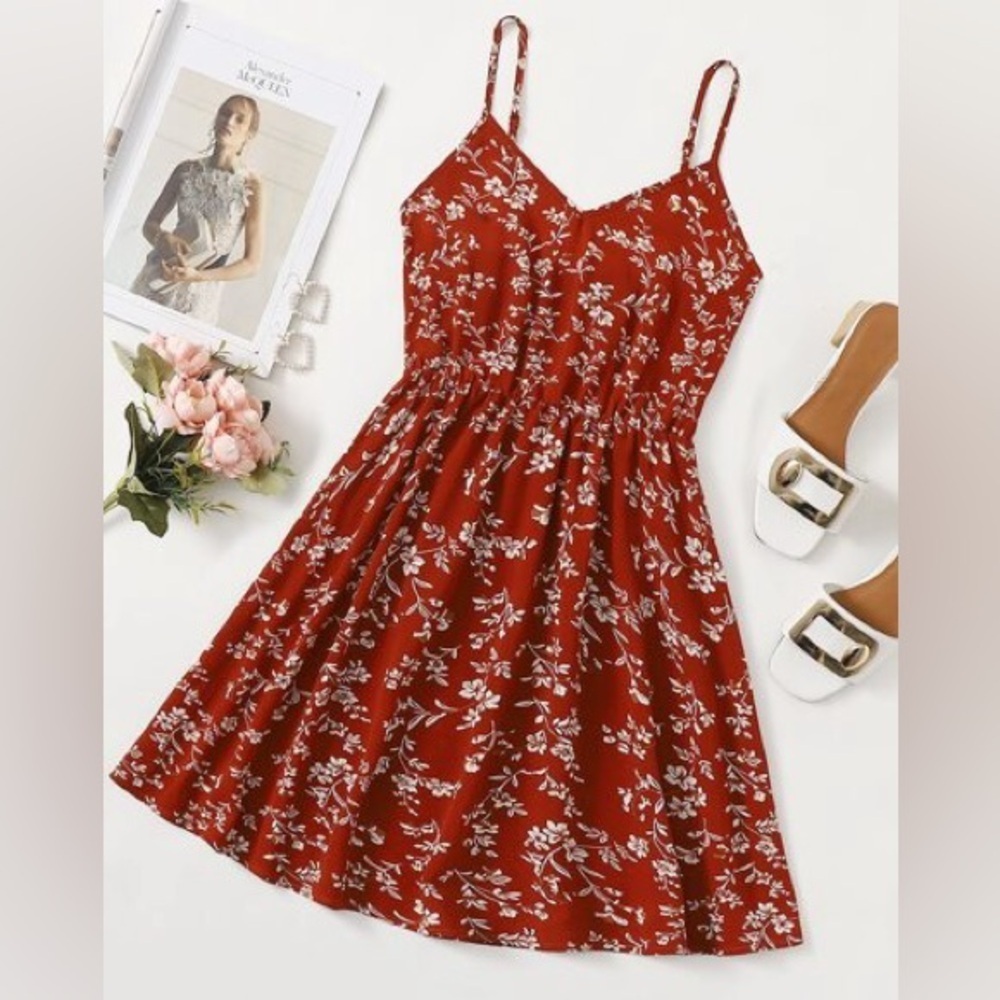 SHEIN Red Floral Spaghetti Strap Dress